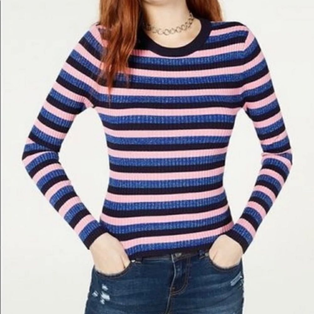 Hooked Up Junior’s Pink Navy Blue Shine Striped Rib-Knit Sweater Extra Small